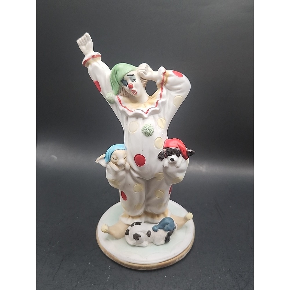 Vintage 90s Porcelain Sleepy Clown, Pups & Bunny Figurine 7" X 3.5"